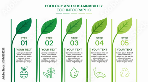 Eco Infographic Template with Green Leaf Elements and Sustainability Icons. Environmental Conservation and Renewable Energy Steps for Business Strategy.