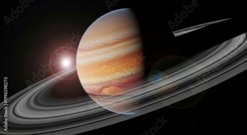Majestic ringed gas giant planet illuminated by a distant star, showcasing its intricate celestial rings and cosmic beauty against the dark expanse of space
