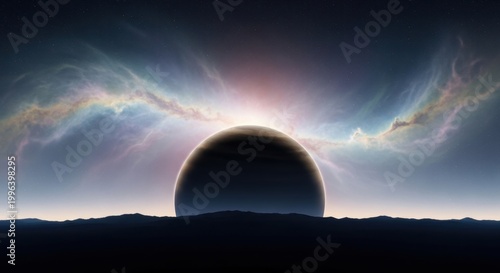 Mystical celestial body eclipsing the sun with a vibrant nebula in the background