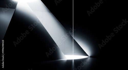 Brilliant light beam cuts through dark abstract space, illuminating a subtle geometric form and casting stark shadows, creating a high-contrast conceptual atmosphere with a sense of mystery