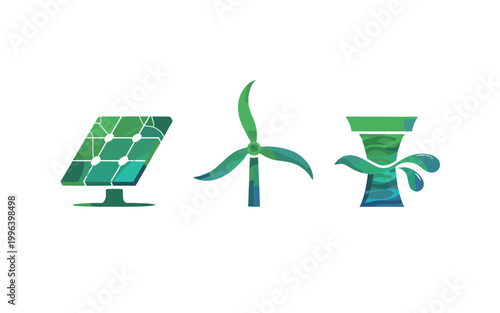 Clean energy sources icon set: Solar panel, wind turbine and hydroelectric power plant.