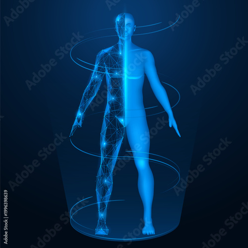 Transformation of a person into a digital entity. One half of the human body, the other is built of lines and dots. The concept reflects artificial intelligence and the future of bionic systems.