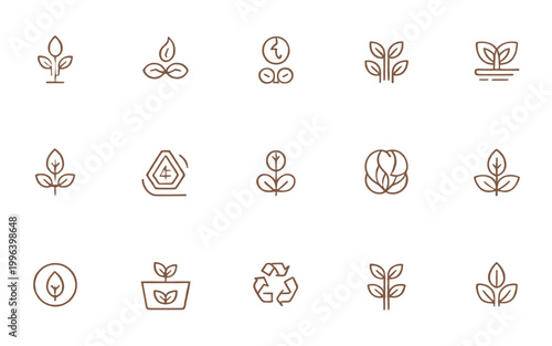 Set of different outline vector icons of plants, sprouting or growing.
