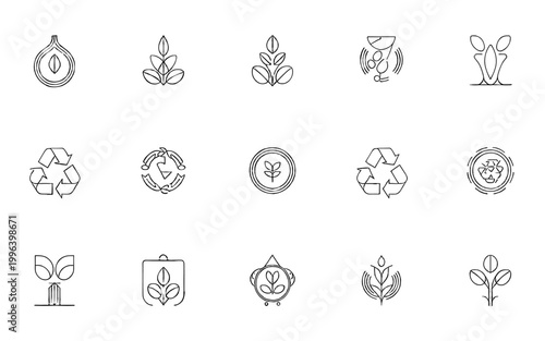Set of minimalistic recycling and eco-friendly nature icons.