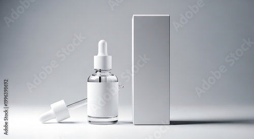Blank cosmetic dropper bottle and white product packaging box mockup for skin care or essential oil branding