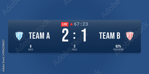 Football live scoreboard UI with score, timer and statistics