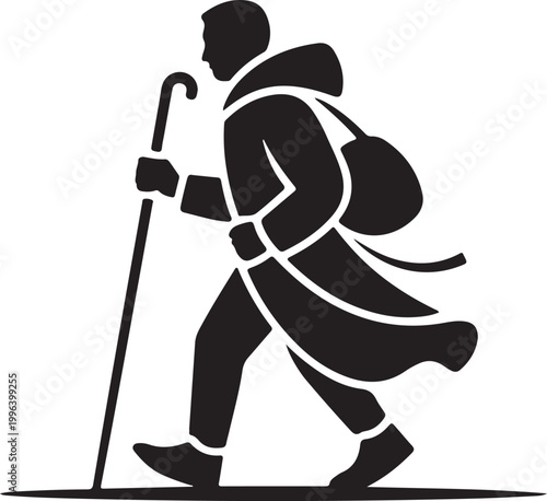Silhouette of St. James walking with backpack and cane