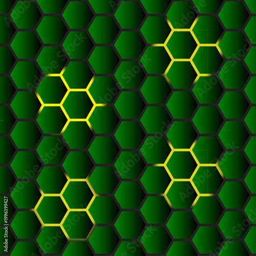 Abstract neon green honeycomb grid with glowing gradient effect vector background
