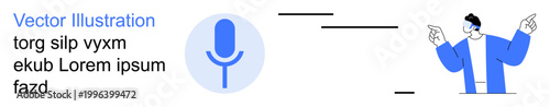 Voice technology, communication, podcasts, digital interaction, media, AI integration. Microphone icon and person gesturing. Voice technology and communication concept