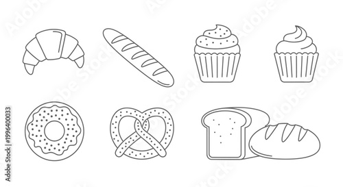 Assortment of Outlined Bakery Goods including Croissant, Cupcakes, and Bread, Isolated White Background