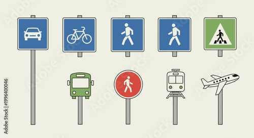 Collection of Road and Traffic Signs including Parking, Bicycle, and Pedestrian, Isolated White Background