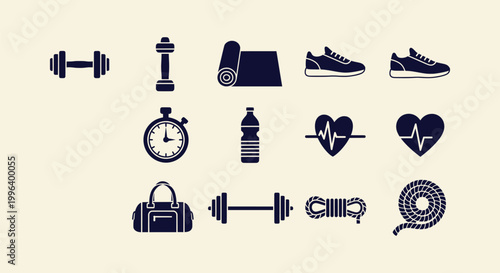Gym and Fitness Workout Equipment Icon Set Vector Minimalist Silhouette Sports Symbols for Design
