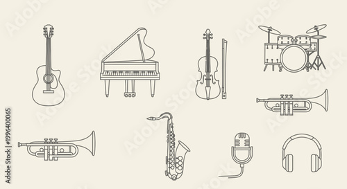Diverse musical instruments line icons collection featuring guitar, piano, violin, and saxophone on an isolated light background.