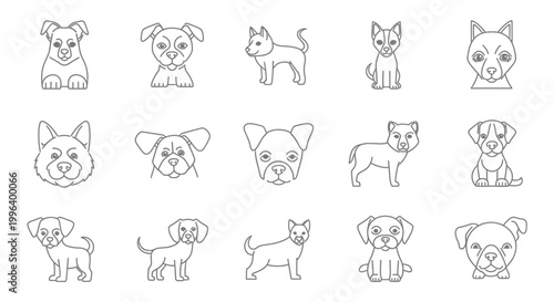 Adorable various dog breed faces line art collection, showing cute pet expressions on an isolated white background.