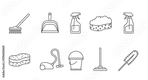 Household cleaning supplies line icons collection featuring broom, dustpan, spray bottle, and vacuum cleaner on an isolated white background.
