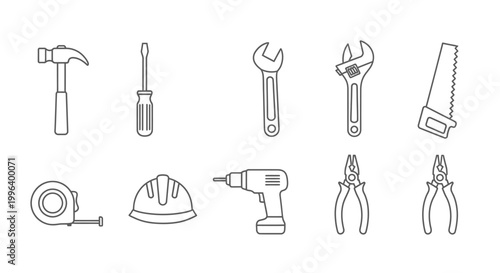Construction and hand tools line icons collection with hammer, screwdriver, wrench, and hard hat on an isolated white background.