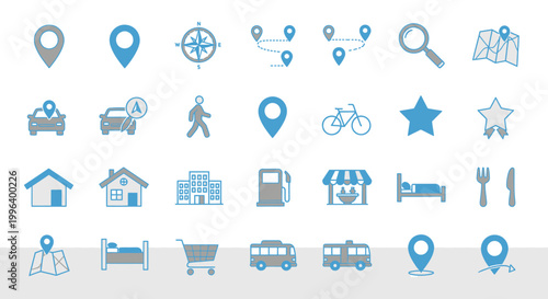 Location Map and Navigation Outline Icons Set, Travel GPS Pins and Route Symbols on Isolated White Background