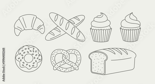 Bakery Pastry Outline Icons Set, Baked Goods Line Art Collection on Isolated White Background