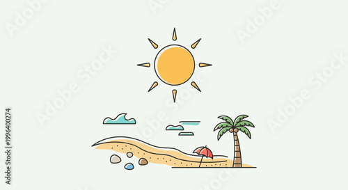 Sunny Beach Landscape with Palm Tree and Umbrella, Tropical Summer Vacation Scene in Bright Studio