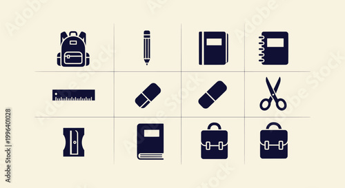Education and Back to School Stationery Icon Collection with Backpack Notebook Pencil and Scissors.