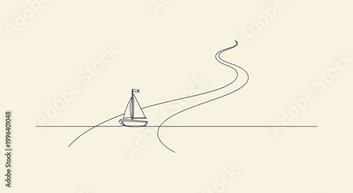 One line sailboat drawing on winding path. Minimalist vector illustration for journey and travel.