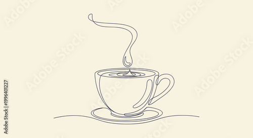 Minimalist Continuous One Line Drawing of a Hot Coffee or Tea Cup with Steam on Cream Background