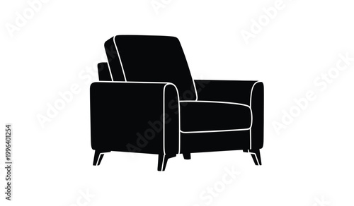 A stark black silhouette of a modern armchair dominates a white background showcasing its clean lines and comfortable design silhouette high quality professional detailed