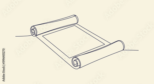 Minimalist one line drawing of a paper scroll parchment for certificate diploma and ancient text.