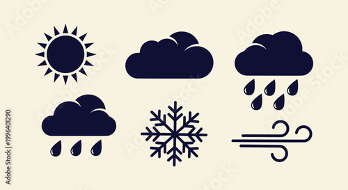 Set of Weather Icons Featuring Sun Cloud Rain Snowflake and Wind Symbols for Forecast App Design