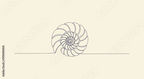 Minimalist continuous one line art of a spiral nautilus shell on a cream background vector graphic.