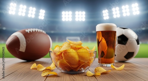 Football and soccer match day party setup with beer glass and potato chips on wooden table in stadium background