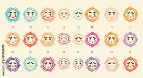 Whimsical Retro Sun Face Vector Set with Celestial Boho Icons and Pastel Summer Illustrations for Graphic Design