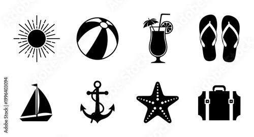 Summer Vacation Icons Set: Sun, Beach Ball, Cocktail, Flip Flops, Sailboat, Anchor, Starfish, Suitcase Vector Graphics for Travel and Leisure