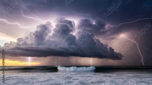 Dramatic storm clouds with lightning over ocean