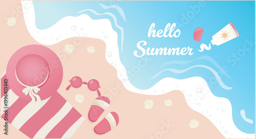 Playful summer vector illustration of a tropical beach scene with pink accessories on the sand. 