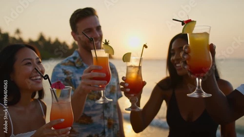 Diverse friends toasting refreshing summer drinks on beach at sunset