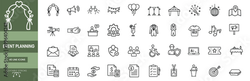 Event planning line icons set wedding entrance arch ticket banquet dinner help desk video camera stage lights & more vector illustration with editable stroke.