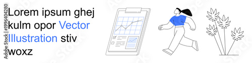 Data analysis, fitness tracking, environmental growth, progress tracking, corporate success, personal goals. Graph on clipboard, running person plants. Data analysis and fitness tracking