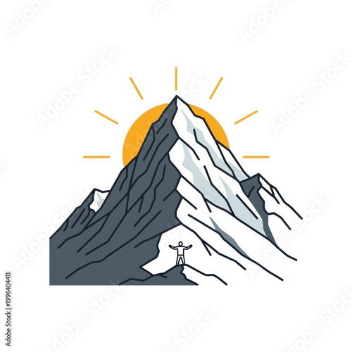 Man standing on mountain peak with sun rising behind him.