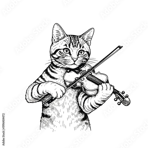 Cat Playing Musical Instrument Violin.