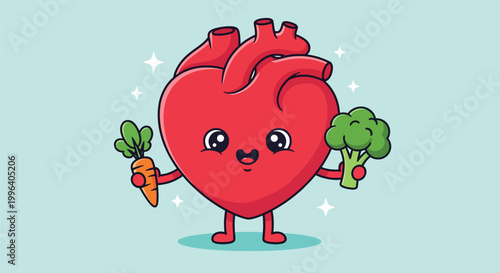 Cute cartoon anatomical heart character holding healthy vegetables carrot and broccoli for heart health awareness.