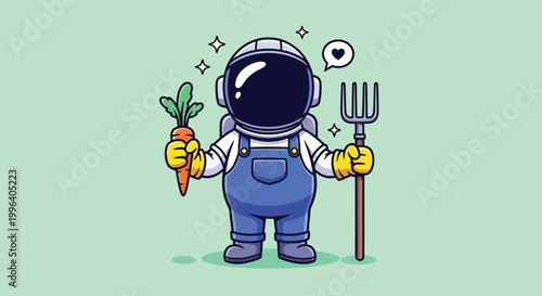 Cute Cartoon Astronaut Farmer Holding a Carrot and Pitchfork Illustration.