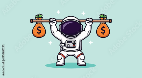 Cute cartoon astronaut lifting heavy money bags on a barbell illustration.