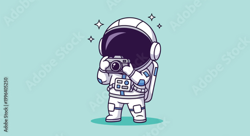Cute Cartoon Astronaut Taking a Photo with a Camera.