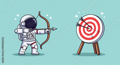 Cute Cartoon Astronaut Shooting Arrow at Target.