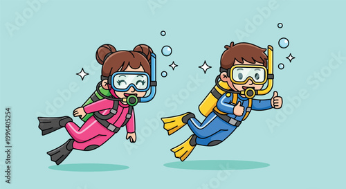Cute cartoon boy and girl scuba diving together.