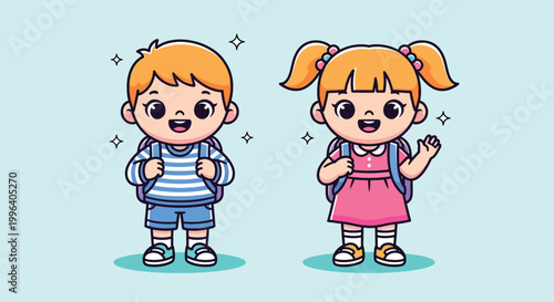 Cute cartoon boy and girl with backpacks going back to school illustration.