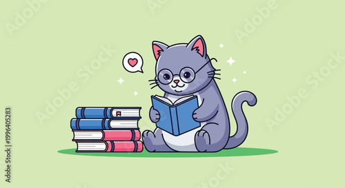 Cute Cartoon Cat with Glasses Reading a Book Illustration.