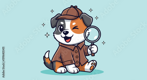 Cute cartoon puppy detective holding a magnifying glass and winking.