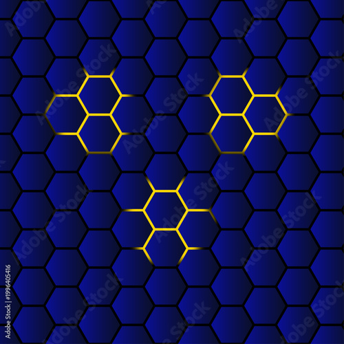 Geometric hexagon mesh background with gold glow on dark blue vector illustration